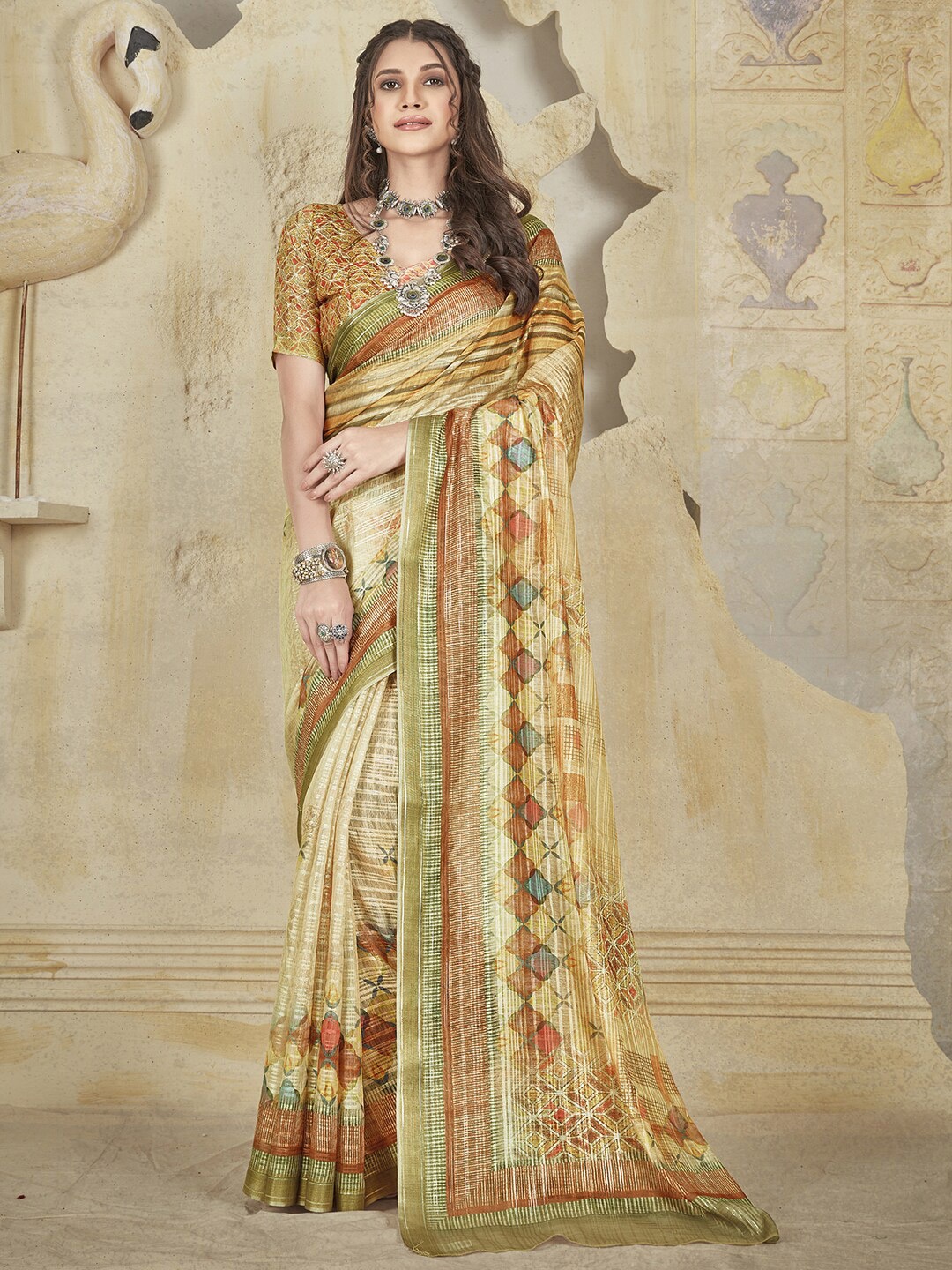 

Saree mall Beige & Green Zari Banarasi Sarees
