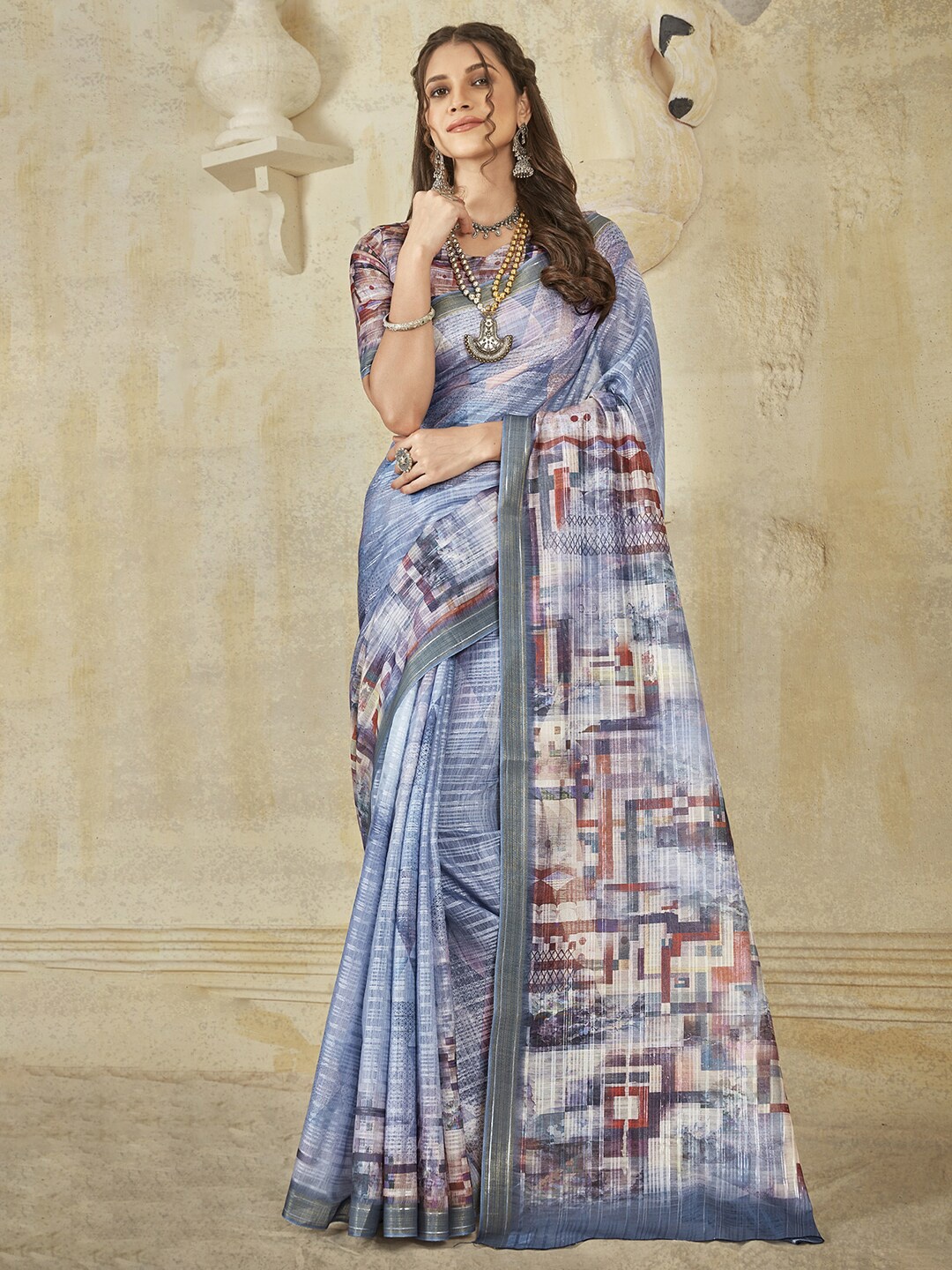 

Saree mall Grey & Silver-Toned Zari Banarasi Sarees