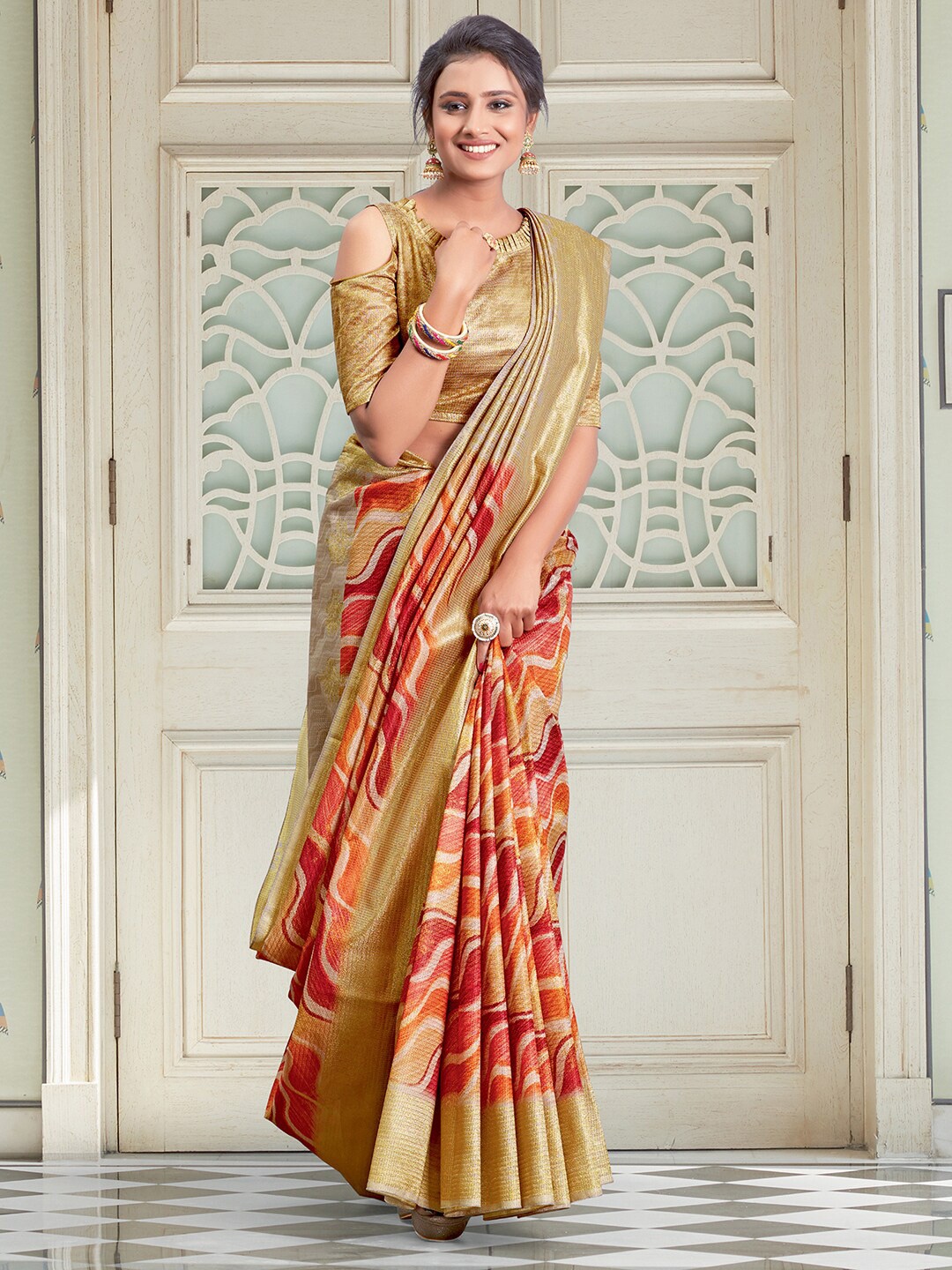 

Saree mall Orange & Red Linen Blend Block Print Sarees