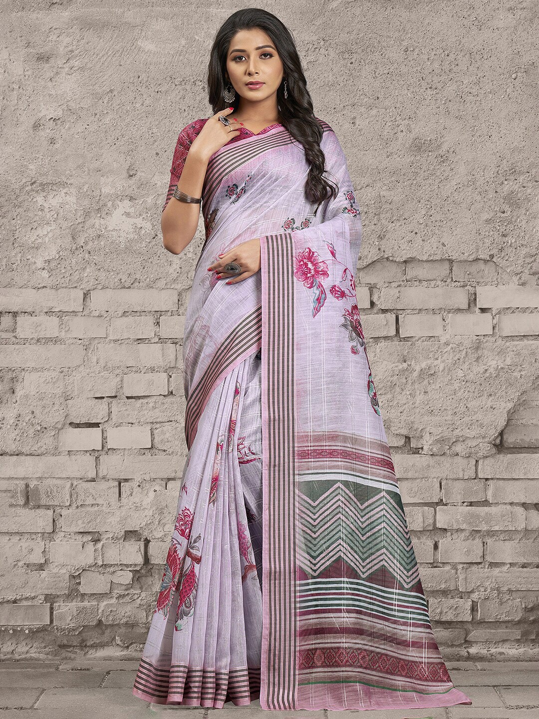 

Saree mall Lavender & Pink Floral Banarasi Sarees