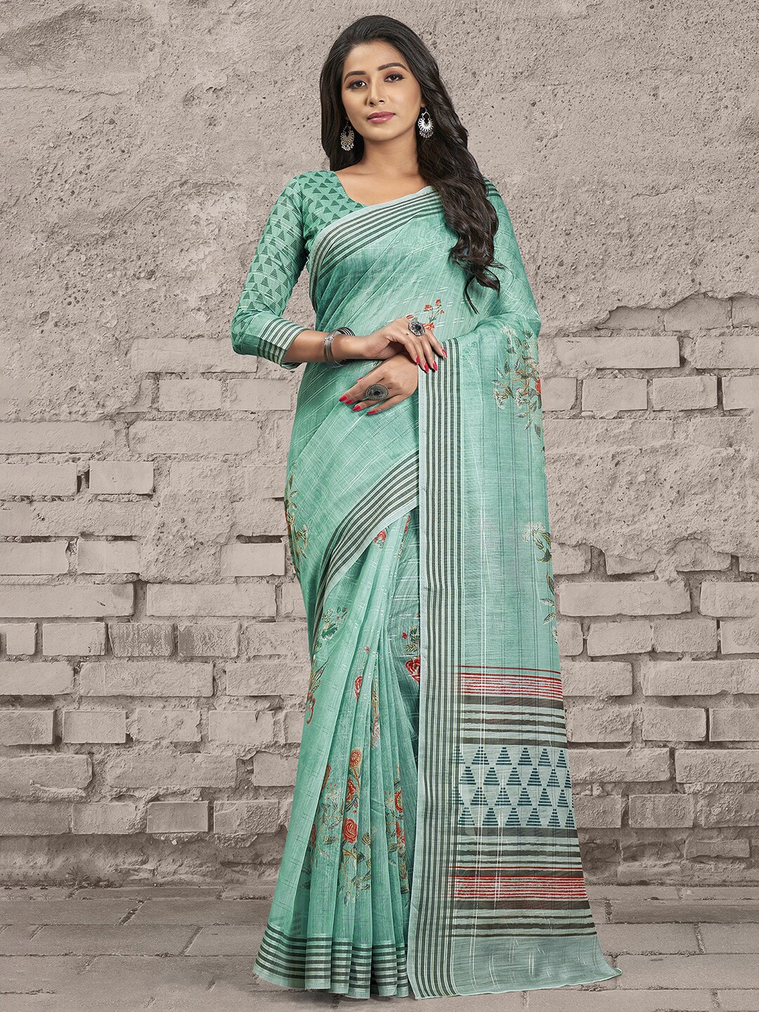 

Saree mall Sea Green & Black Floral Banarasi Sarees