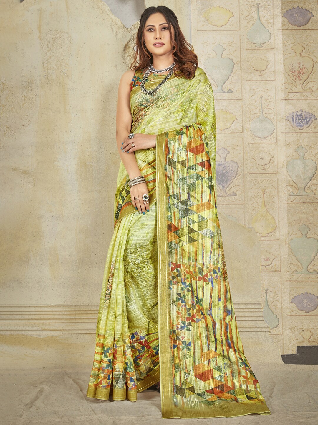 

Saree mall Olive Green & Orange Zari Banarasi Sarees