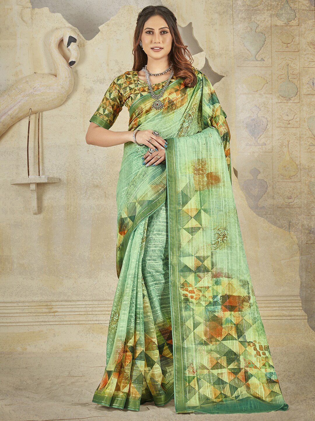 

Saree mall Sea Green & Brown Silk Blend Banarasi Sarees