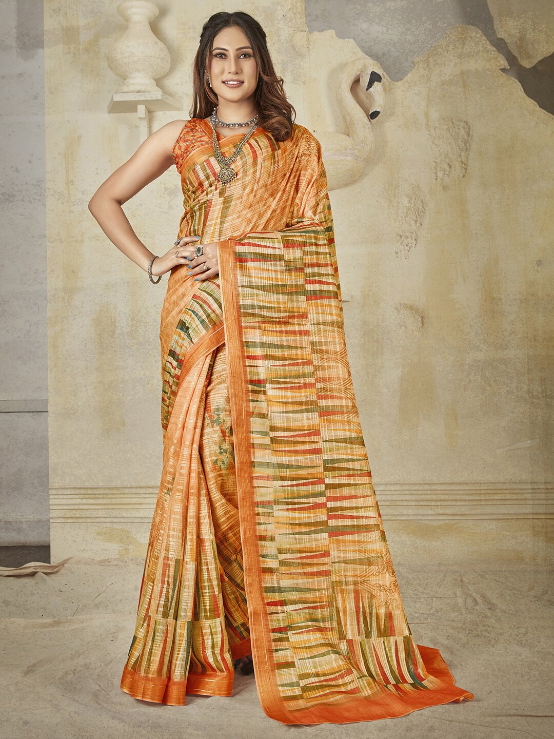 

Saree mall Mustard & Gold-Toned Printed Silk Blend Banarasi Sarees