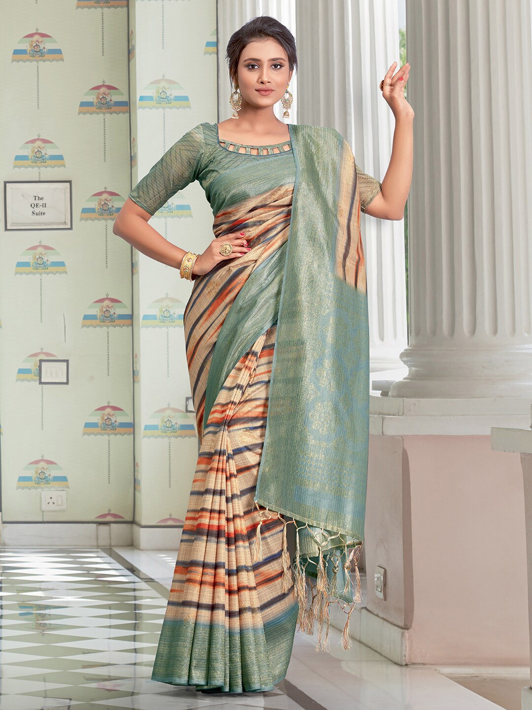 

Saree mall Sea Green & Beige Striped Zari Linen Blend Block Print Sarees