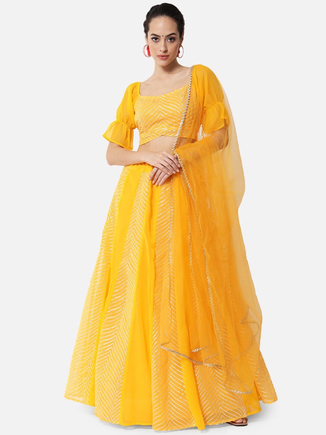 

studio rasa Yellow & Silver-Toned Embellished Ready to Wear Lehenga & Blouse With Dupatta