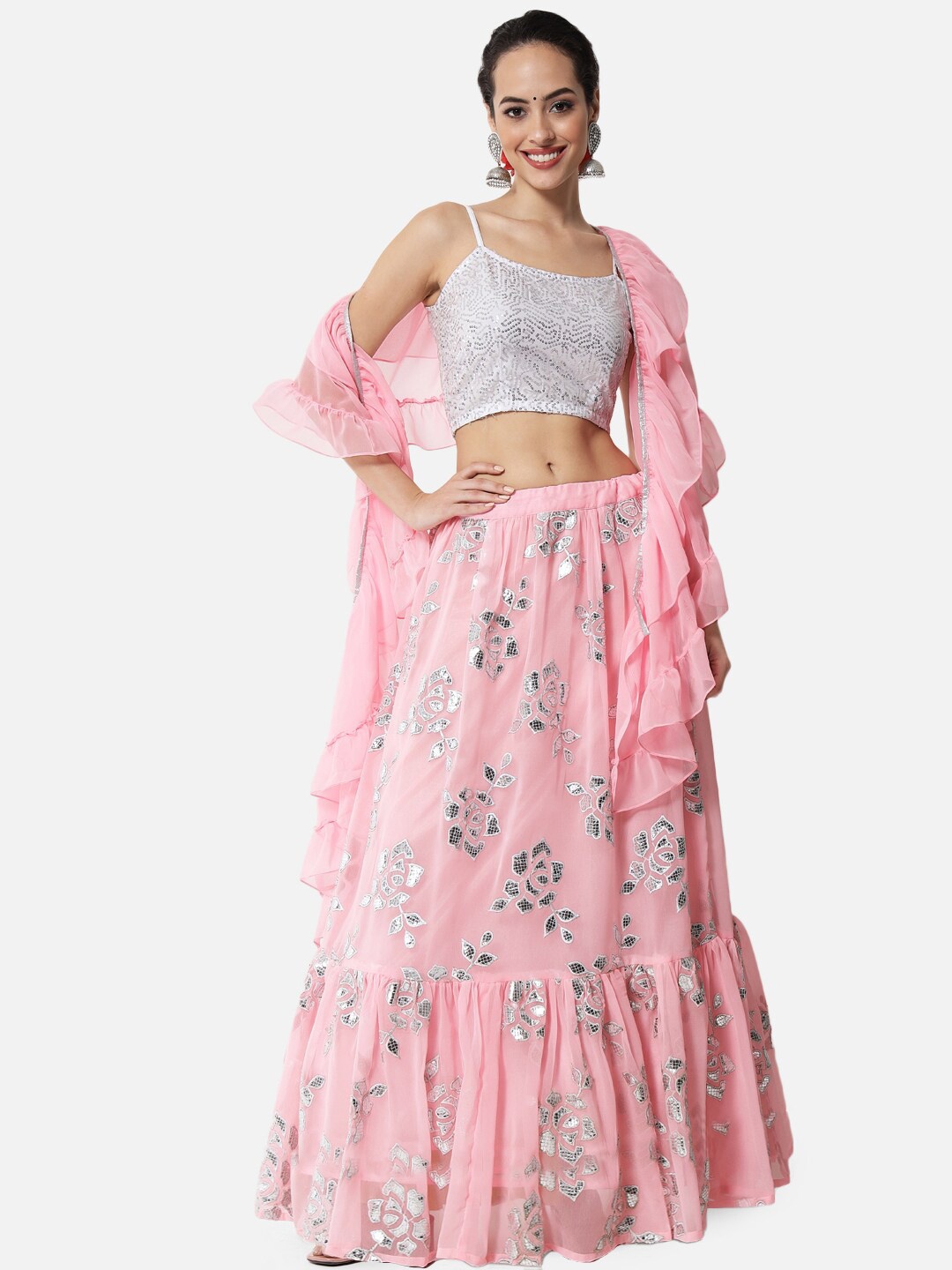 

studio rasa Women Pink & Off White Embroidered Sequinned Ready to Wear Lehenga & Blouse With Dupatta