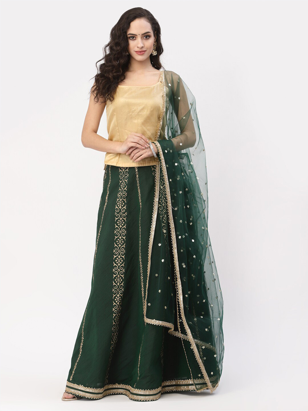 

studio rasa Green & Gold-Toned Block Print Ready to Wear Lehenga & Blouse With Dupatta