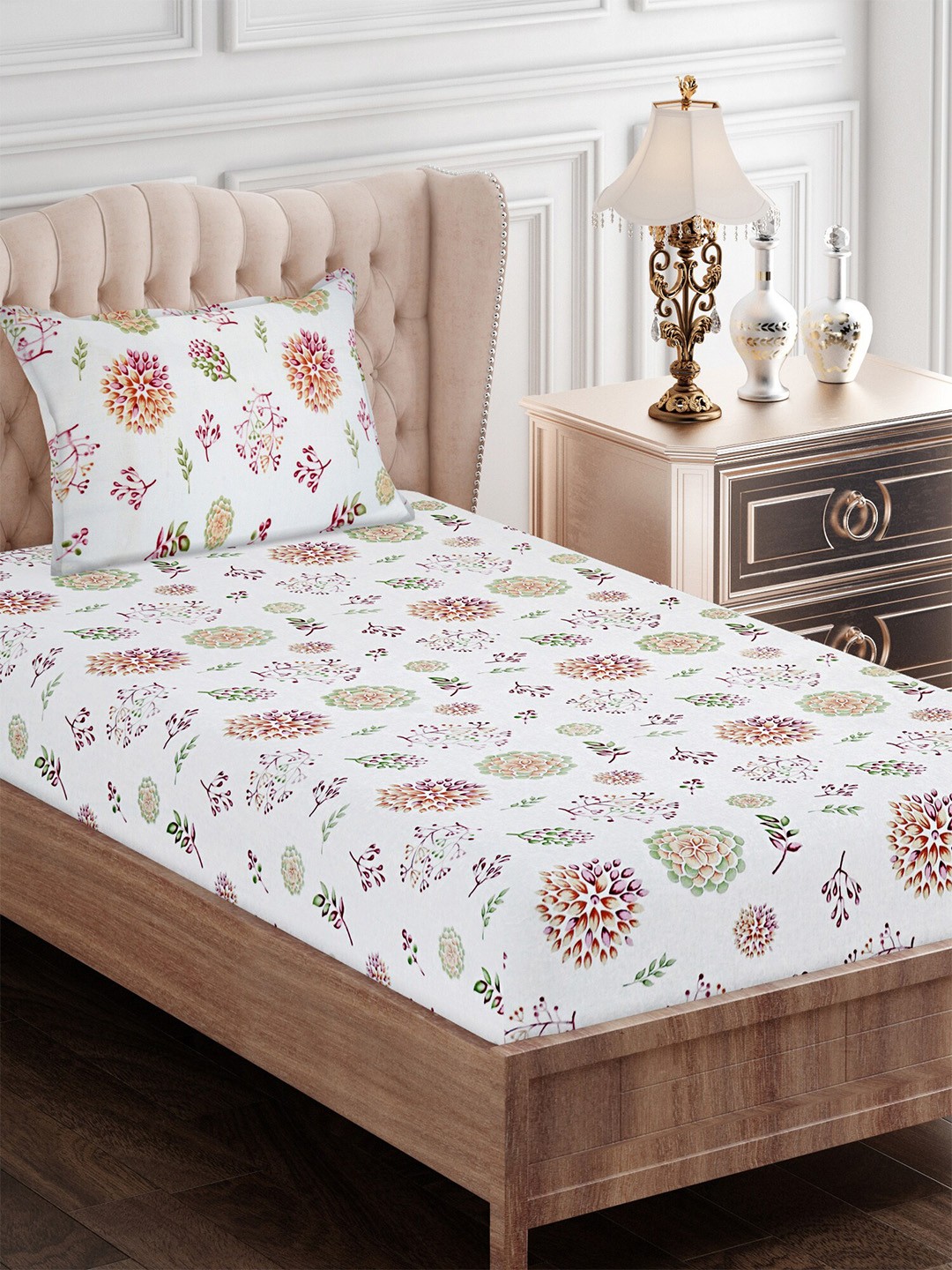 

SEJ by Nisha Gupta Floral 144 TC Single Bedsheet with 1 Pillow Cover, Green