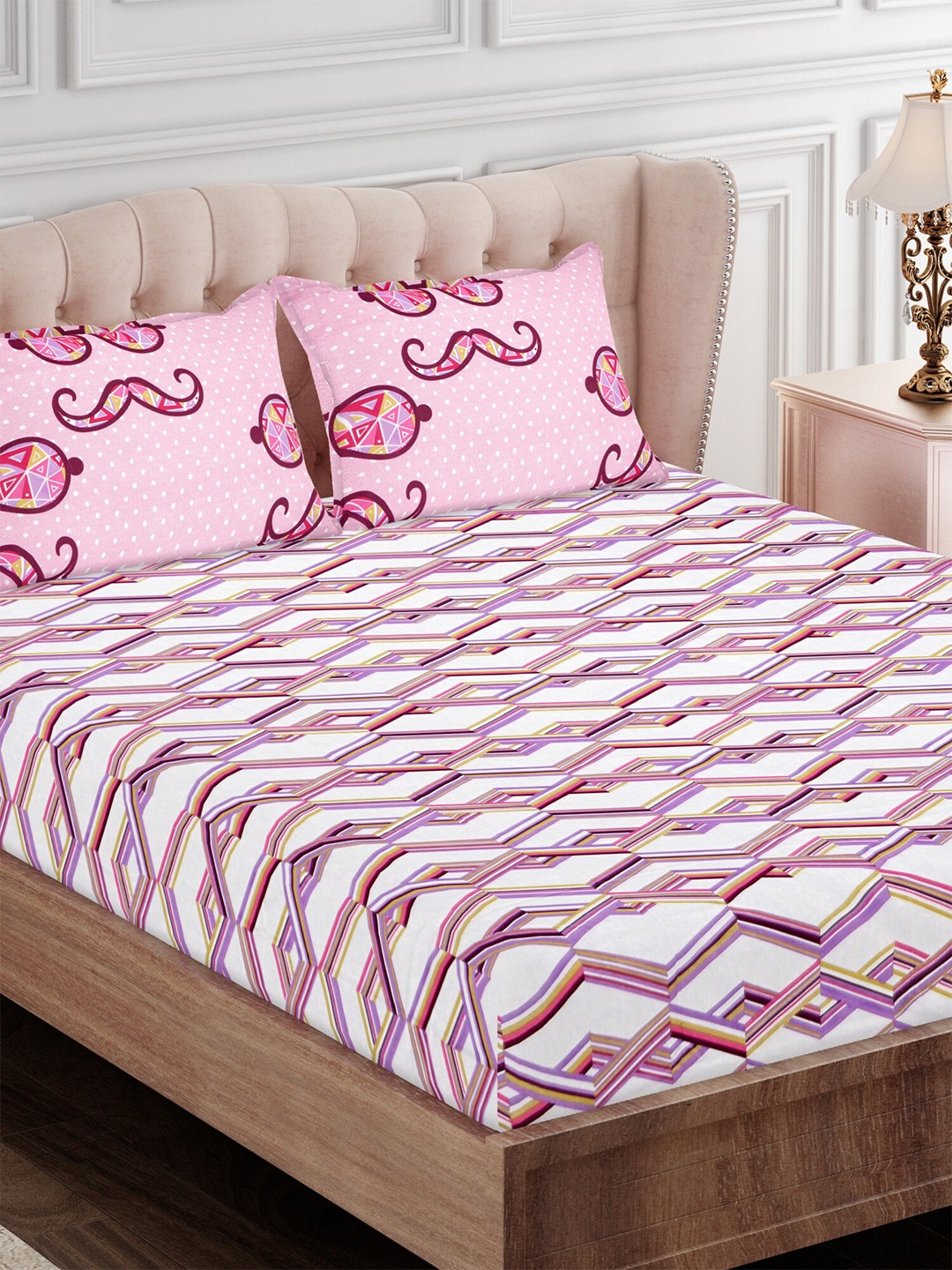 

SEJ by Nisha Gupta Geometric 180 TC King Bedsheet with 2 Pillow Covers, Pink