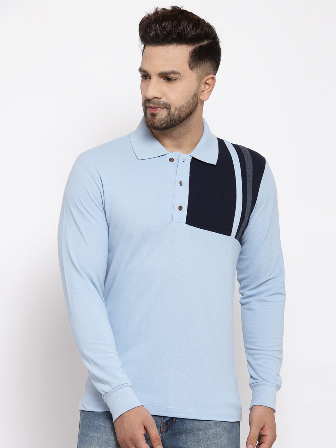 

Kalt Men Blue Colourblocked Polo Collar T-shirt