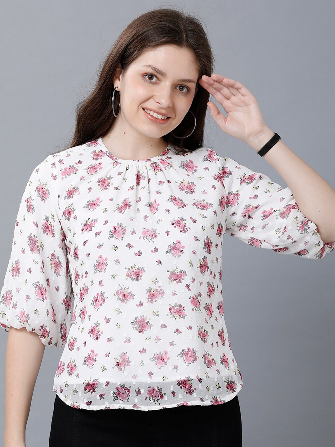 

IDENTITI Women White & Pink Floral Printed Top