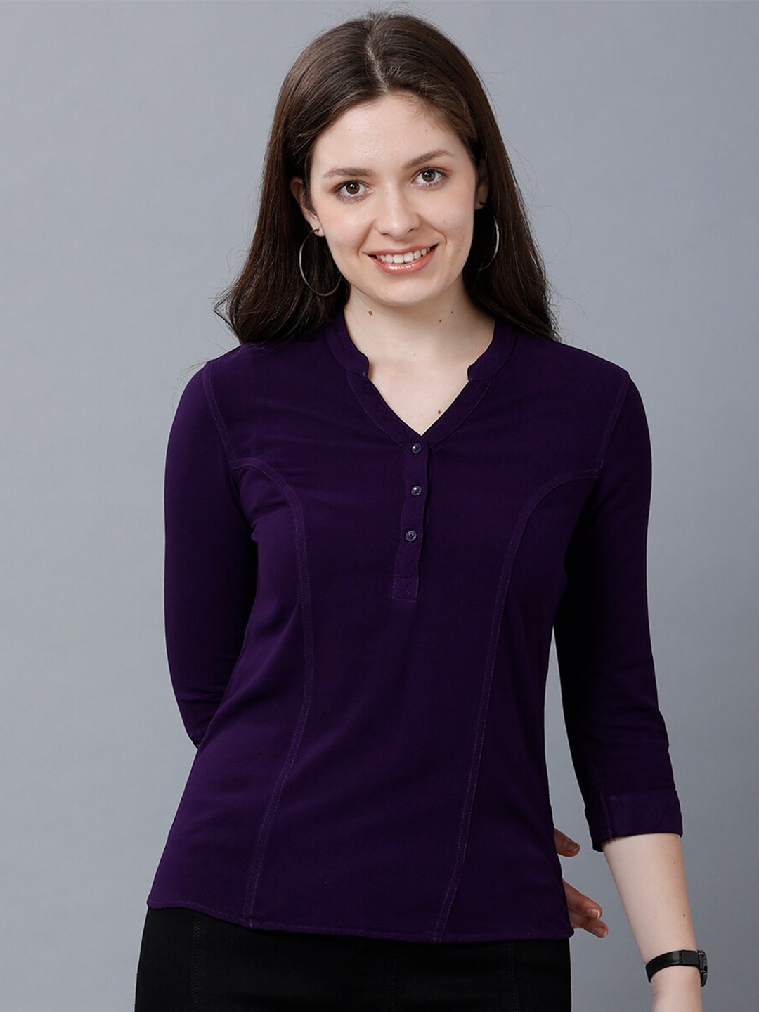 

IDENTITI Women Purple Mandarin Collar Roll-Up Sleeves Top