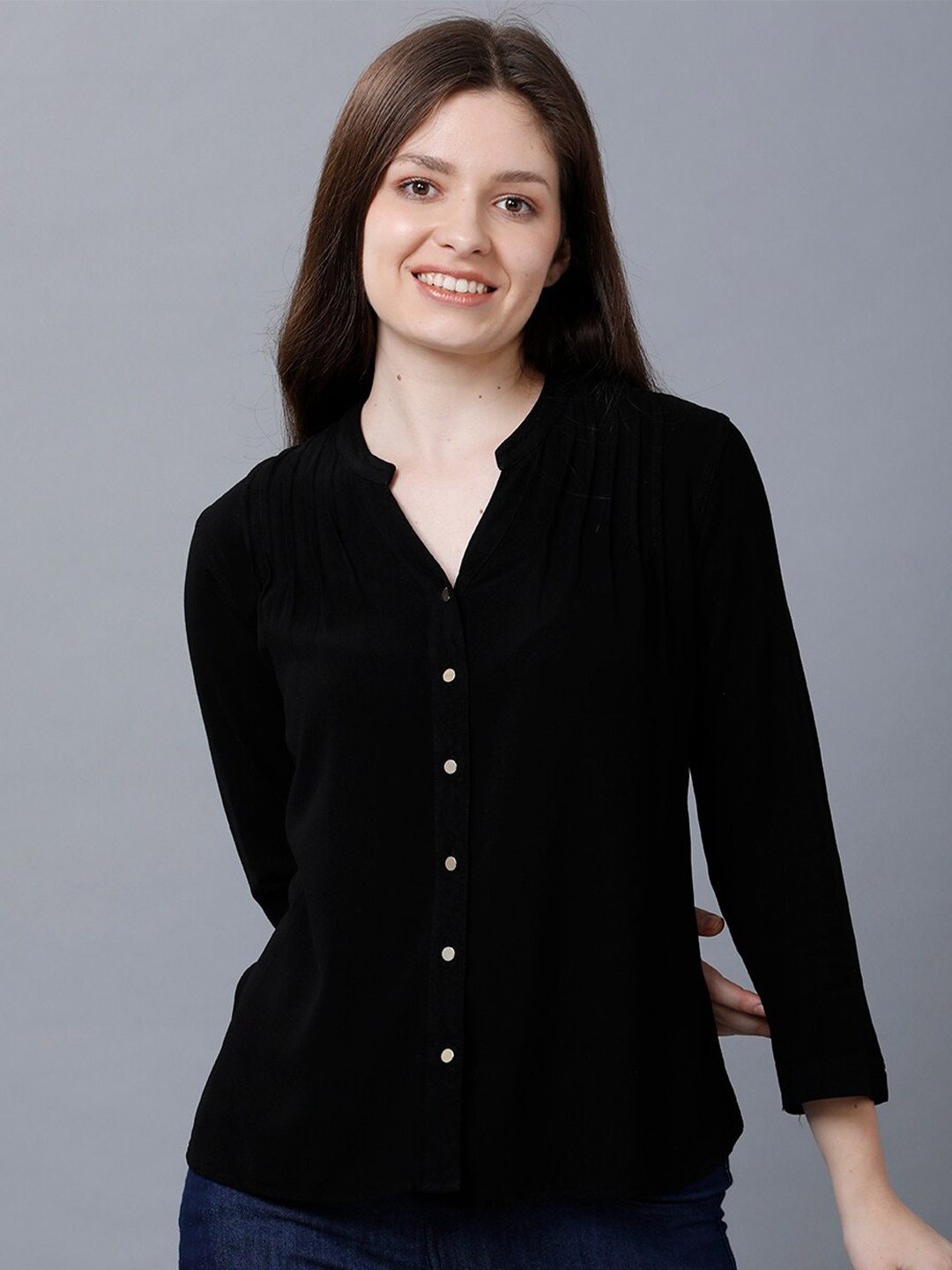 

IDENTITI Women Black Mandarin Collar Shirt Style Top