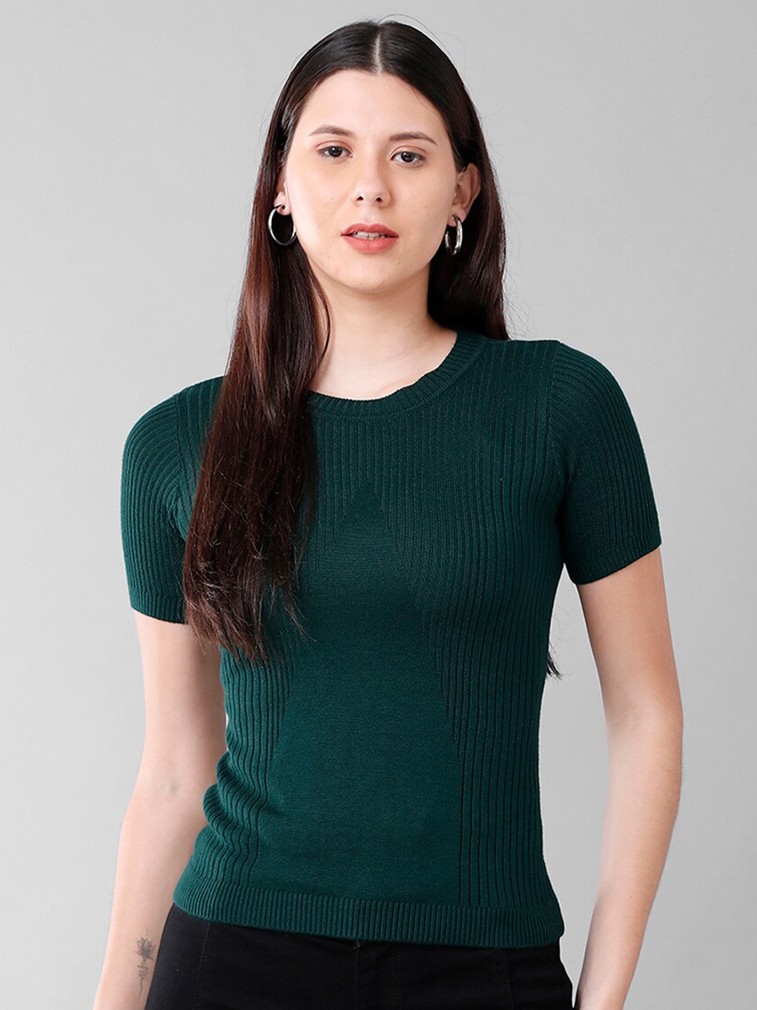 

IDENTITI Women Green Ribbed Round Neck Top