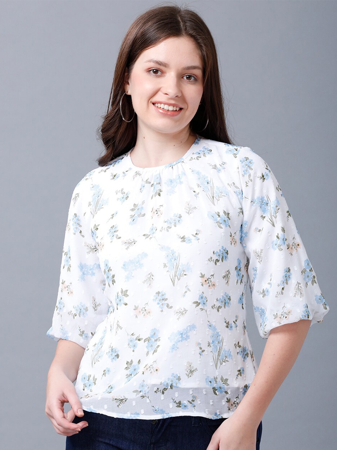 

IDENTITI Women White & Blue Floral Printed Top