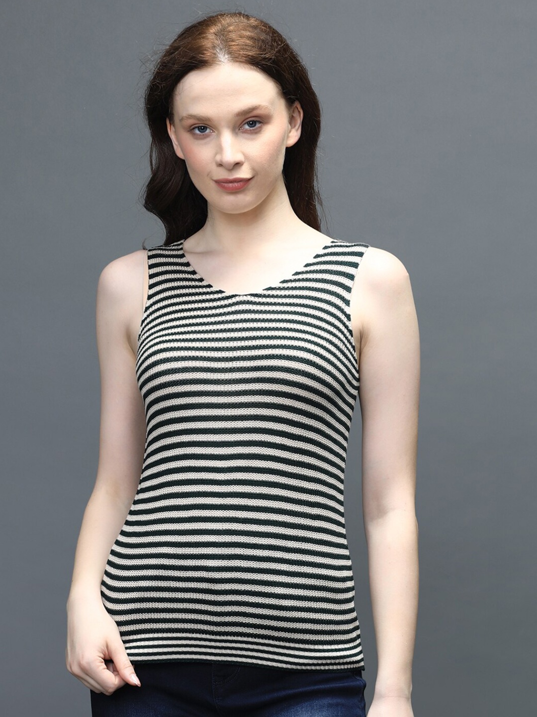 

IDENTITI Women Green & White Horizontal Striped Top
