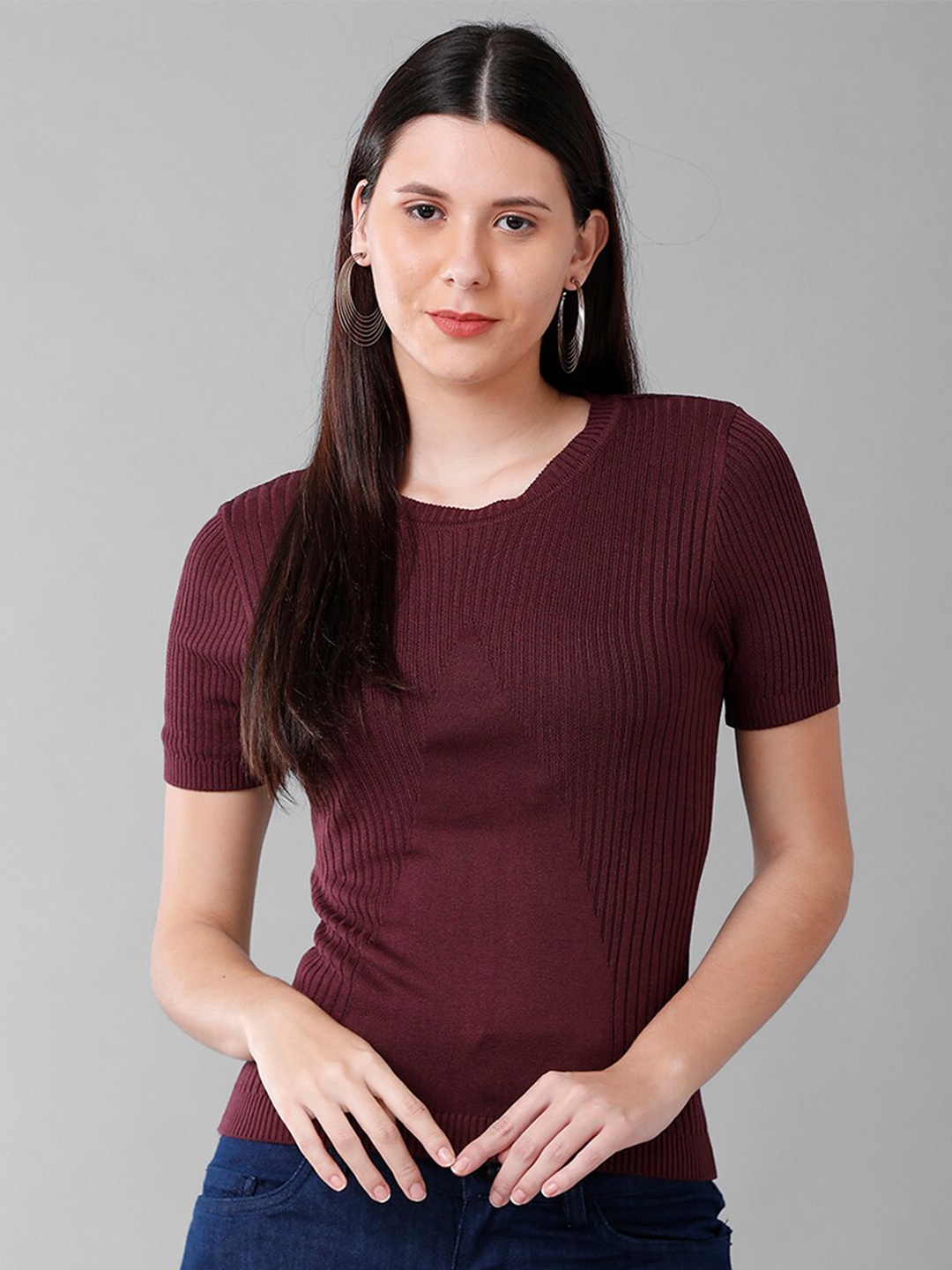 

IDENTITI Women Striped Fitted Top, Maroon