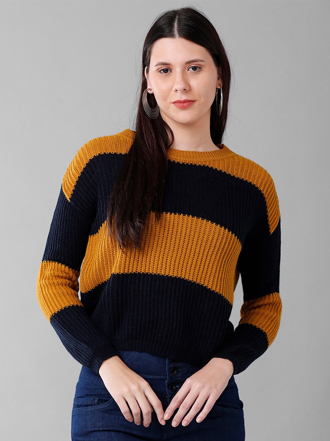 

IDENTITI Women Mustard Yellow & Blue Striped Acrylic Top