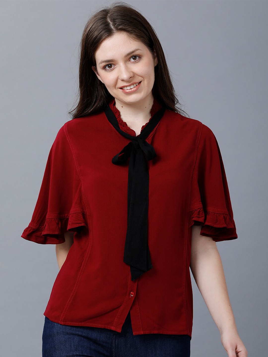 

IDENTITI Women Maroon Solid Tie-Up Neck Top