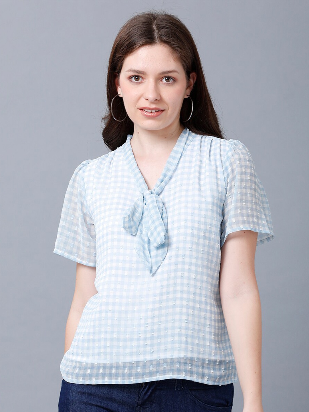 

IDENTITI Women Blue Checked Tie-Up Neck Top