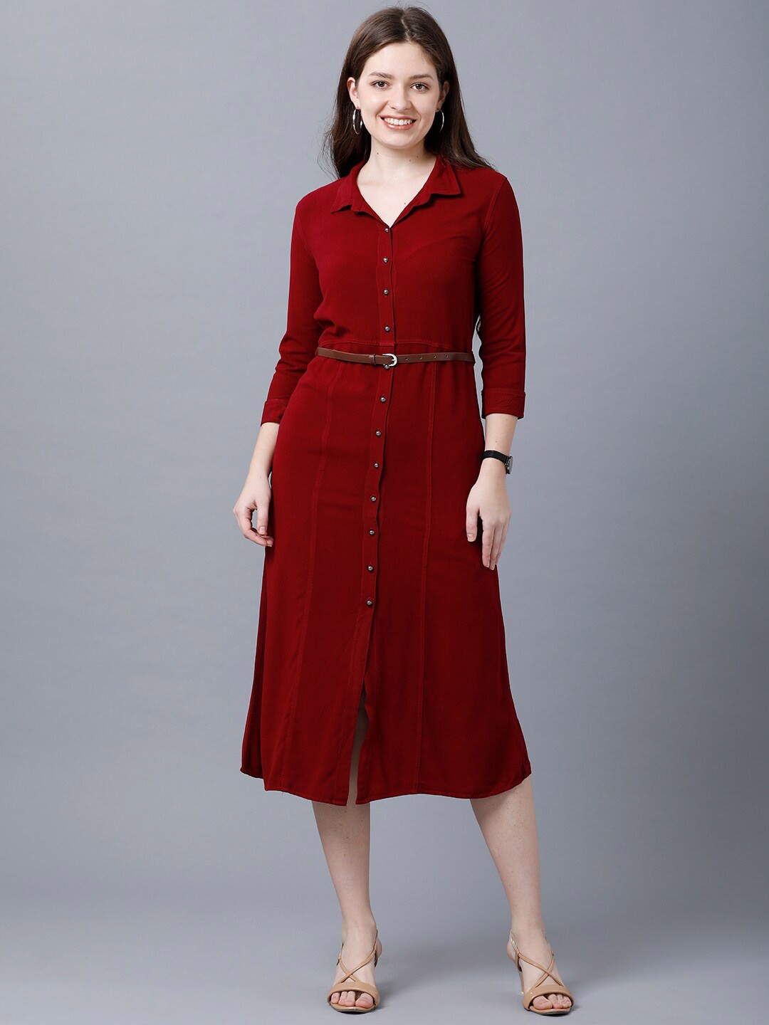 

IDENTITI Women Maroon Solid Belted Shirt Dress