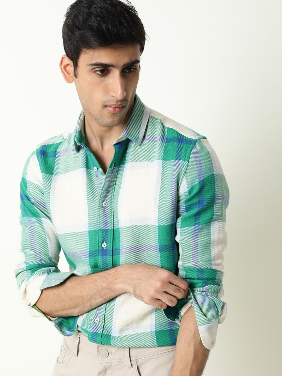 

RARE RABBIT Men Agda Slim Fit Tartan Checked Cotton Shirt, Green