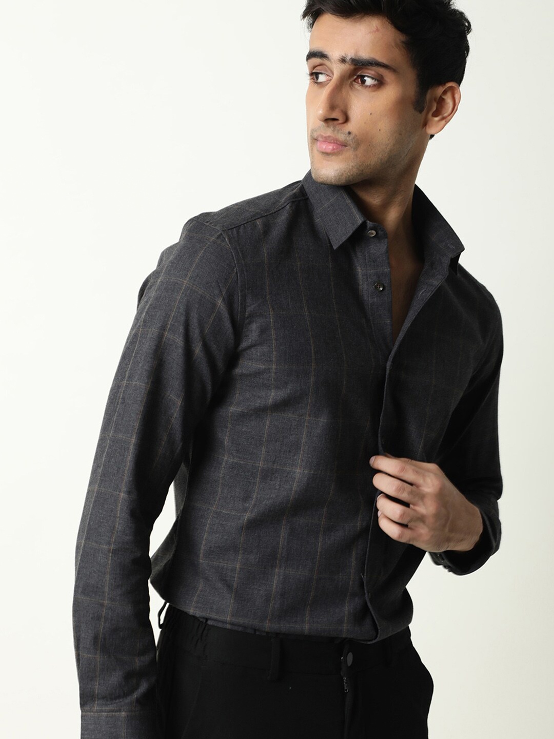 

RARE RABBIT Men Ropos Slim Fit Tartan Checked Cotton Shirt, Grey