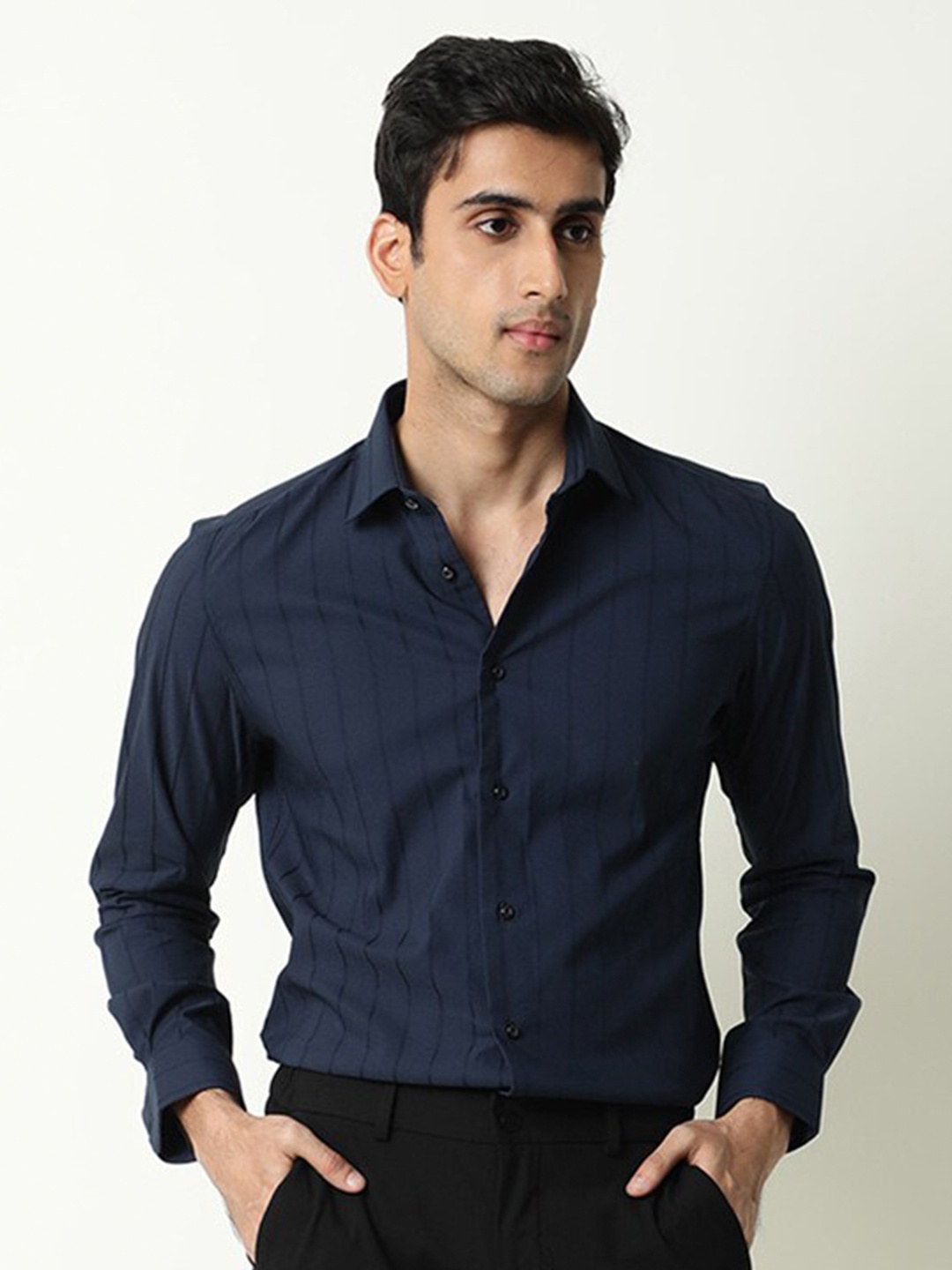 

RARE RABBIT Men Vista Slim Fit Striped Cotton Shirt, Navy blue