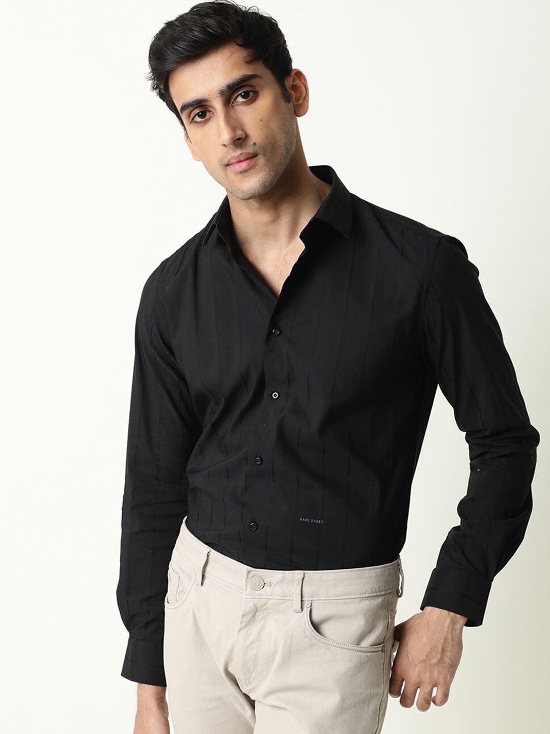 

RARE RABBIT Men Vista Slim Fit Striped Cotton Shirt, Black