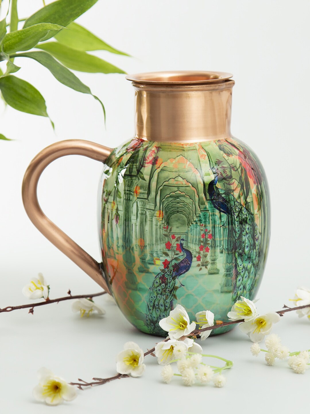 

India Circus by Krsnaa Mehta Sea Green Peacock Dwar Printed Copper Jug With Tumbler