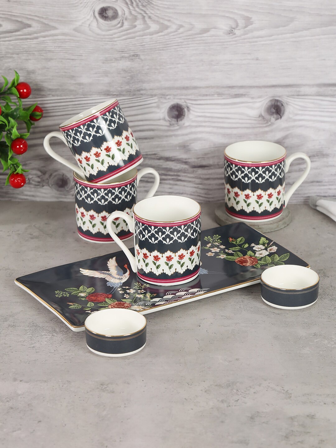 

India Circus by Krsnaa Mehta Set of 4 White Bone China Mugs & Snack Platter 220ml each