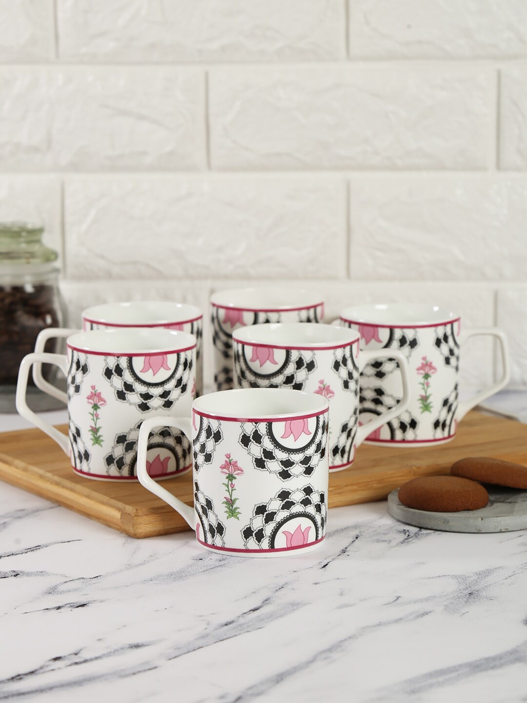 

India Circus by Krsnaa Mehta Set of 6 White Printed Bone China Glossy Mugs 245ml each