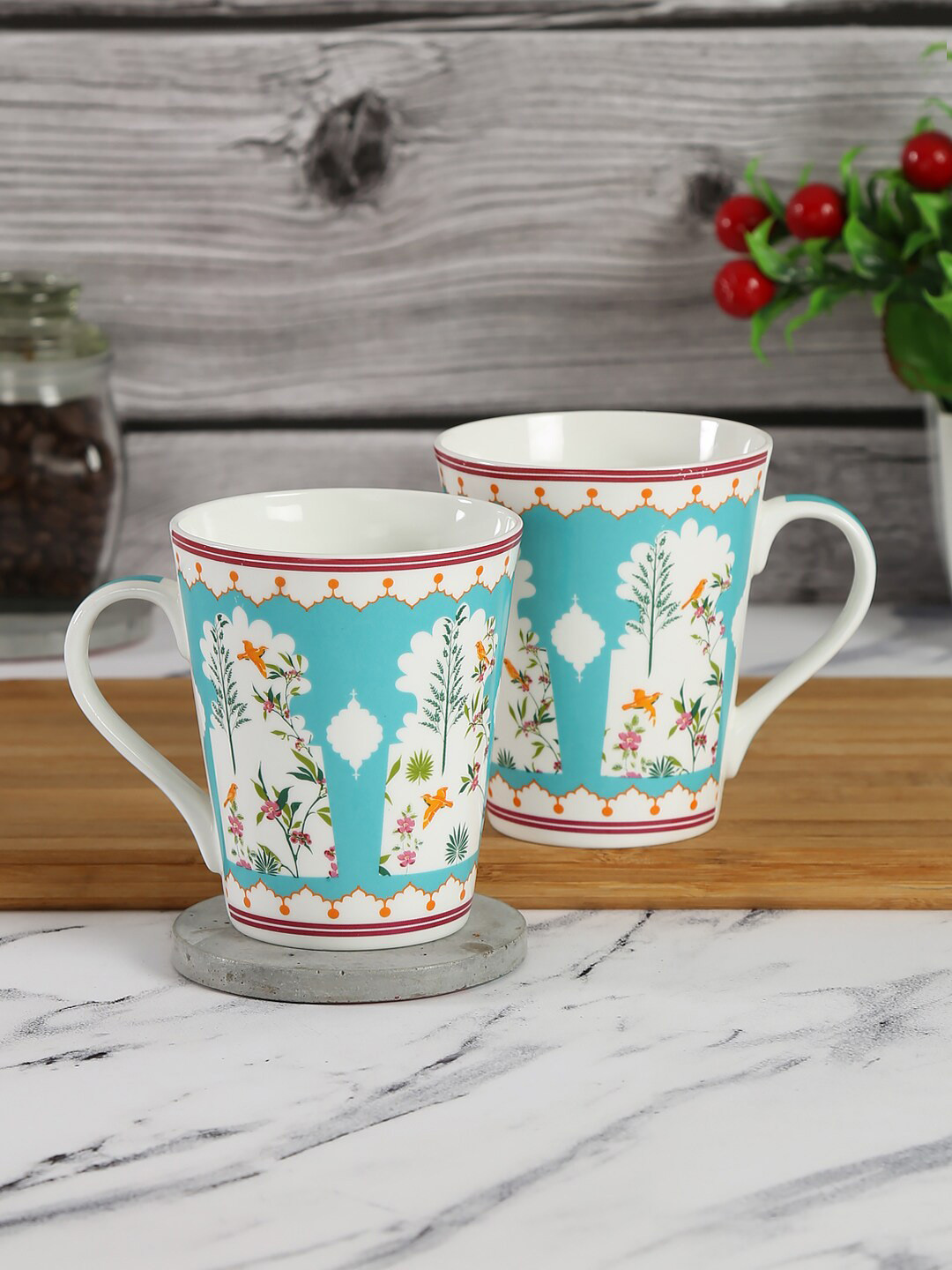 

India Circus by Krsnaa Mehta Set of 2 White Bone China Glossy Mugs 300ml each