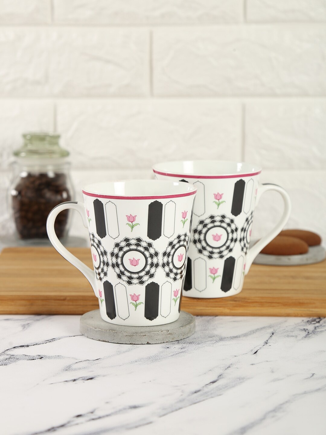 

India Circus by Krsnaa Mehta White & Black Printed Bone China Glossy Mugs 300ml each