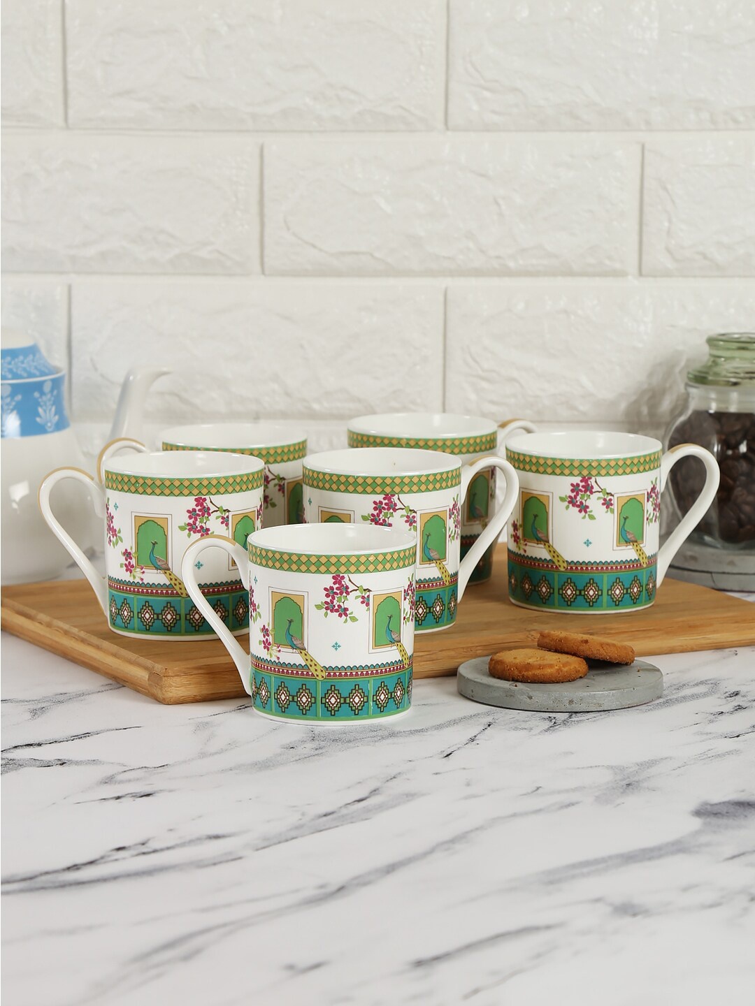 

India Circus by Krsnaa Mehta Set of 6 White & Green Printed Bone China Mugs 245ml