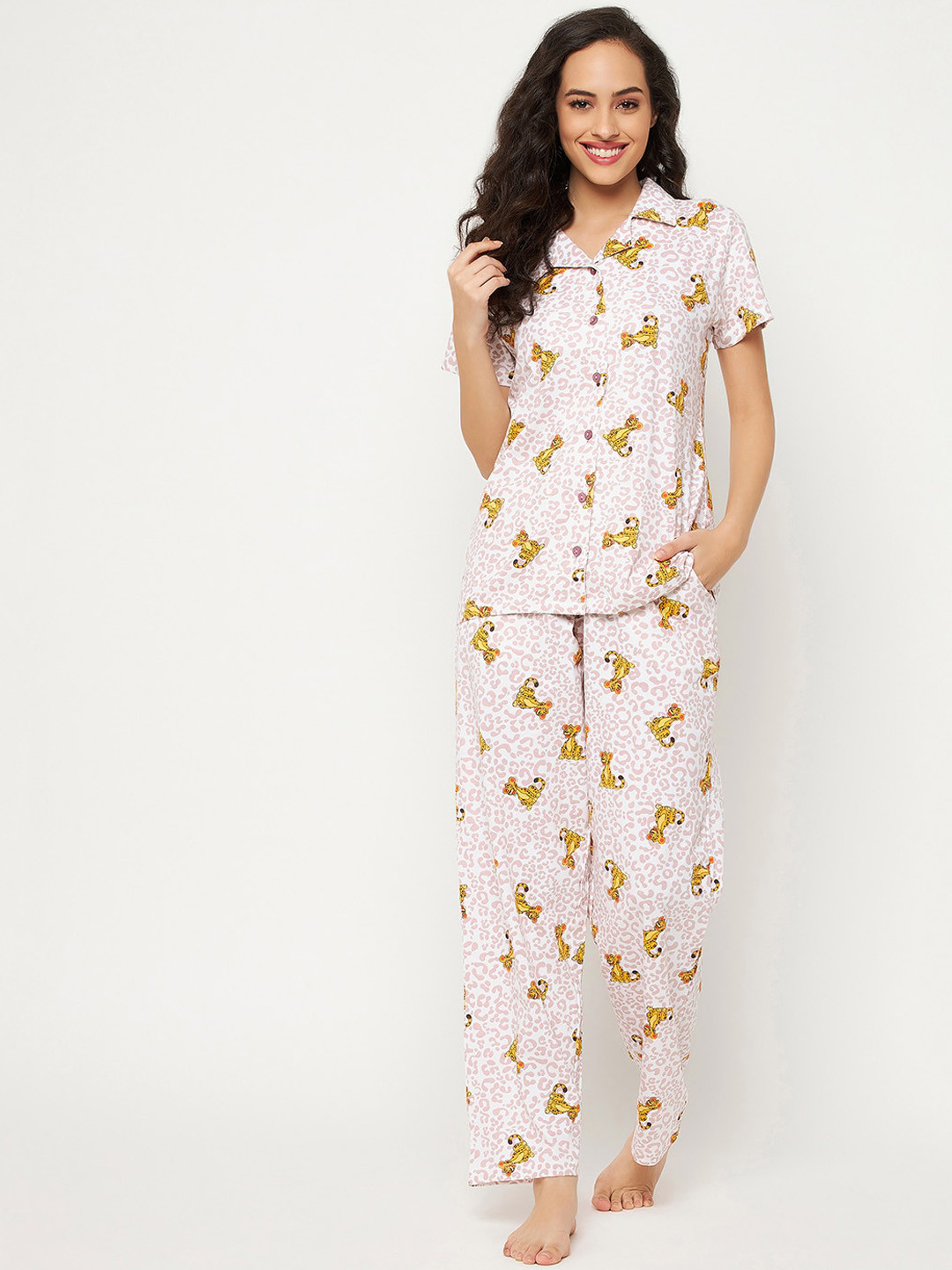 

Clovia Women Pure Cotton Pretty Florals Button Me Up Shirt & Pyjamas, White
