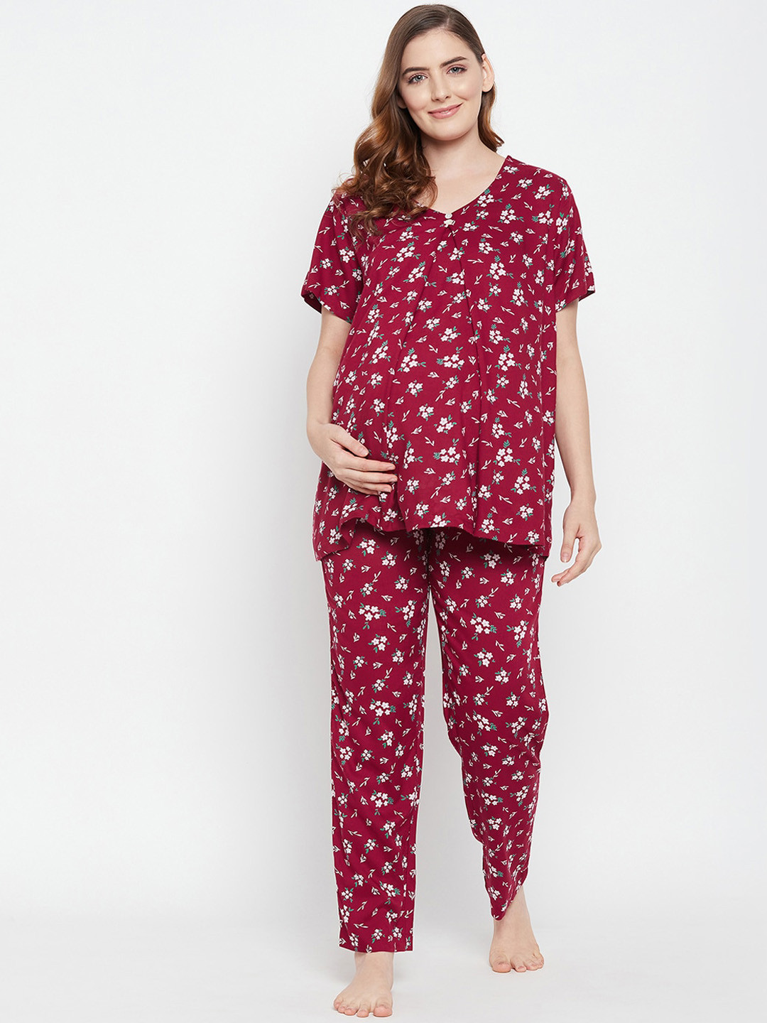

Clovia Women Maroon & White Printed Night suit