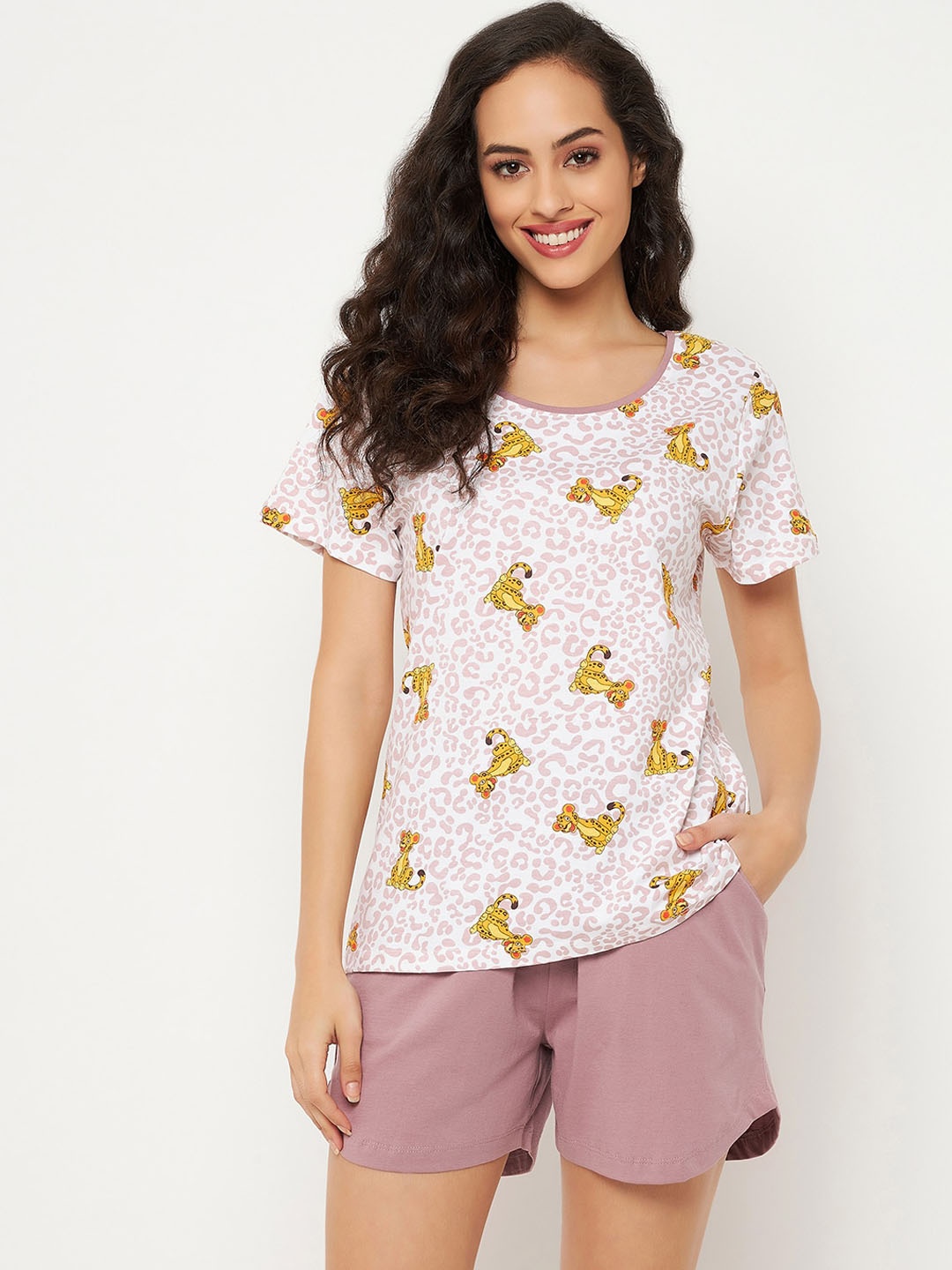 

"Clovia Leopard Print Top & Chic Basic Shorts Set, White