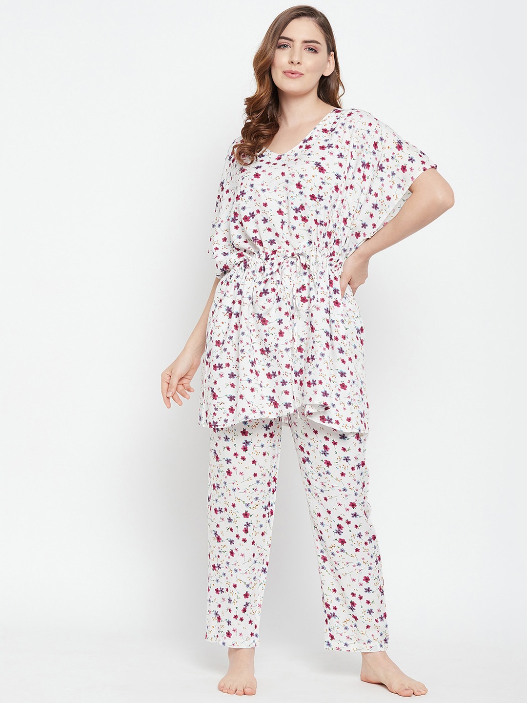 

Clovia Women White & Red Printed Kaftan Top & Pyjama Night suit