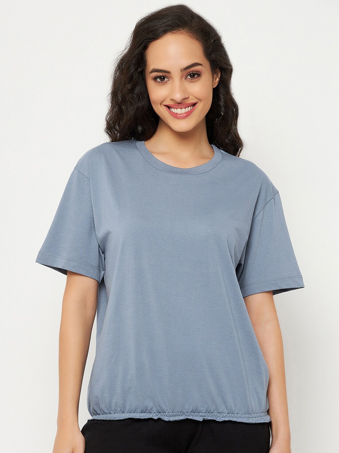 

Clovia Women Chic Basic Solid Pure Cotton Lounge T-shirt, Blue