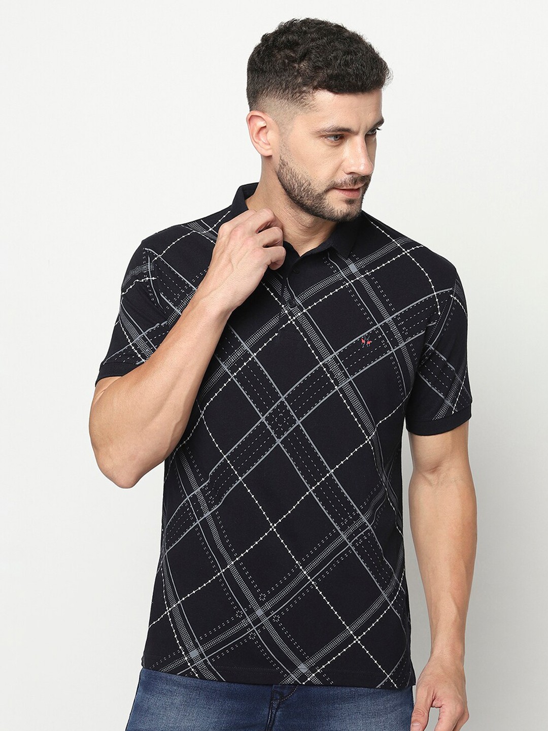 

Crimsoune Club Men Checked Polo Collar T-shirt, Navy blue