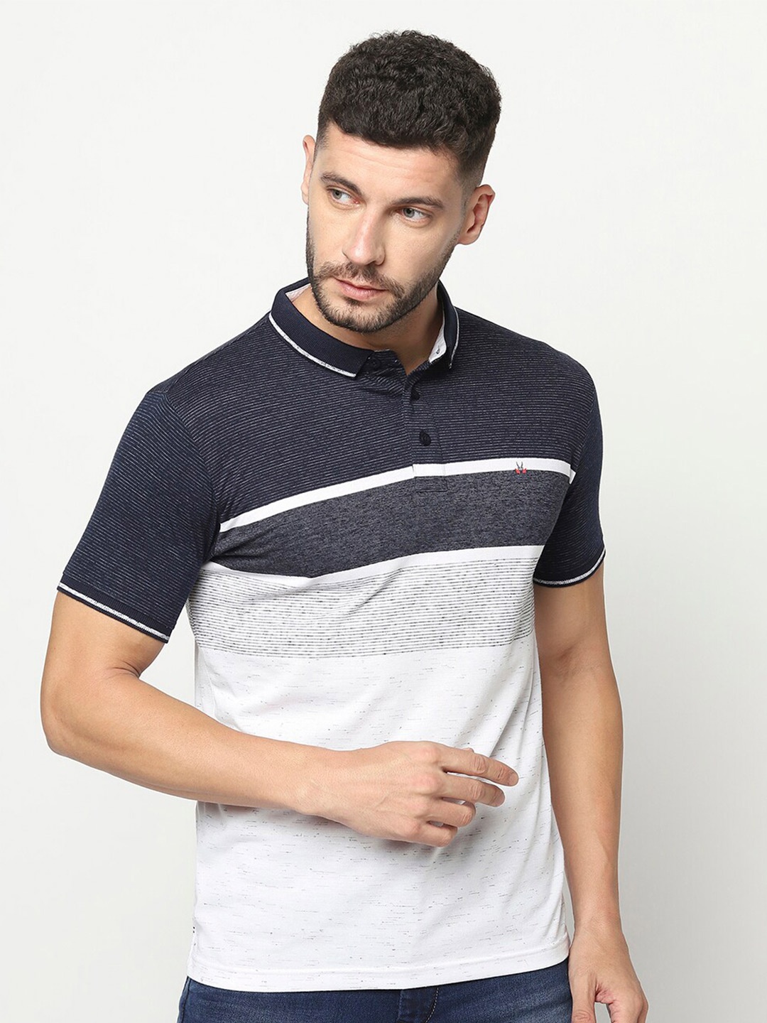 

Crimsoune Club Men Striped Polo Collar T-shirt, White