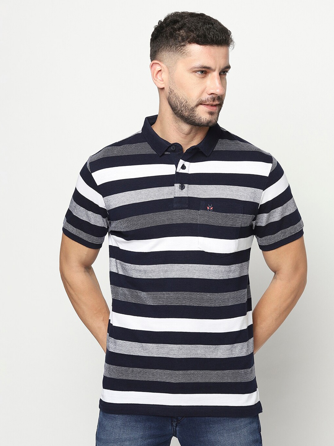 

Crimsoune Club Men Navy Blue & White Striped Polo Collar Cotton T-shirt