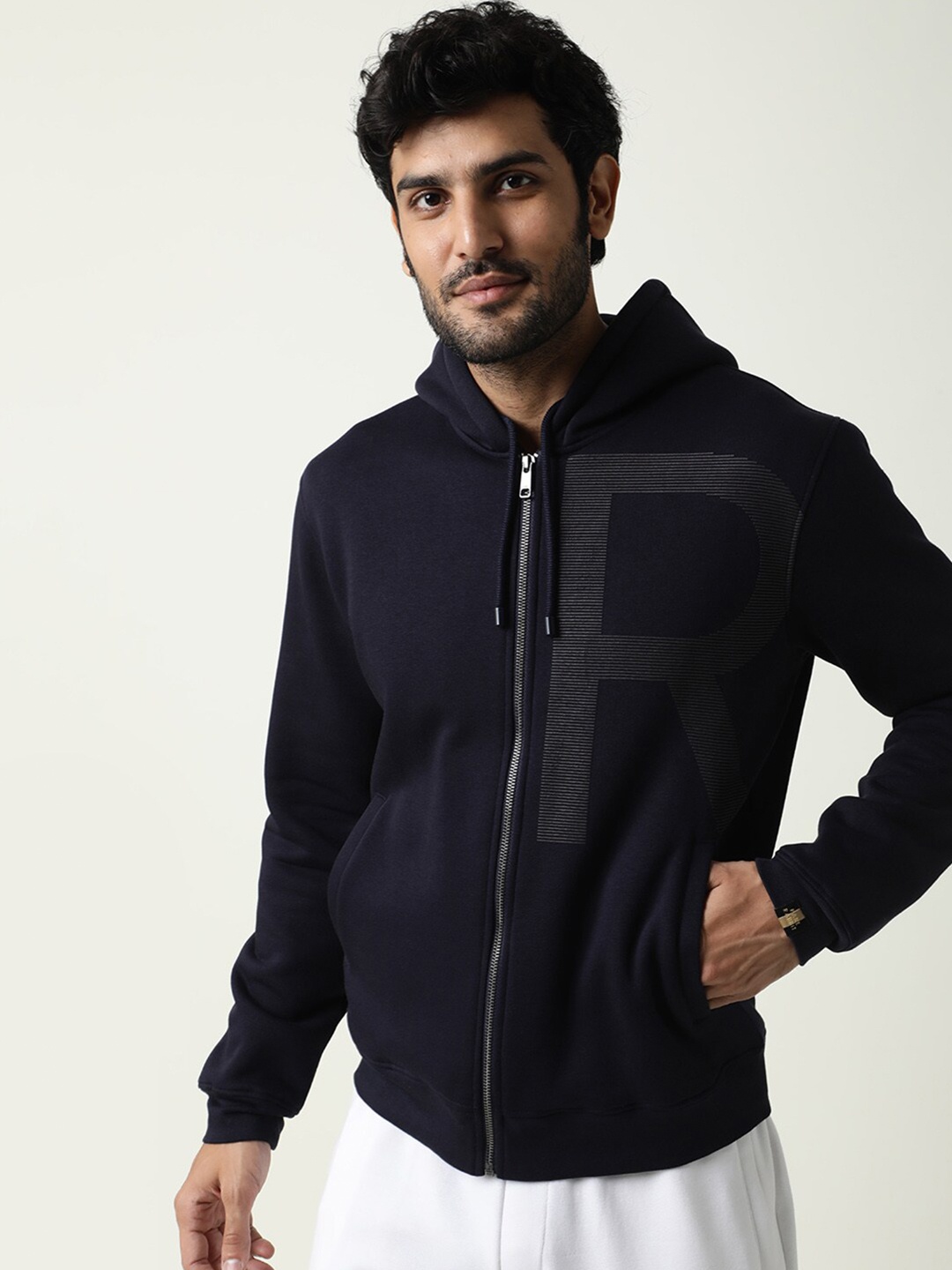 

RARE RABBIT Men Albell Slim Fit Printed Hooded Sweatshirt, Navy blue