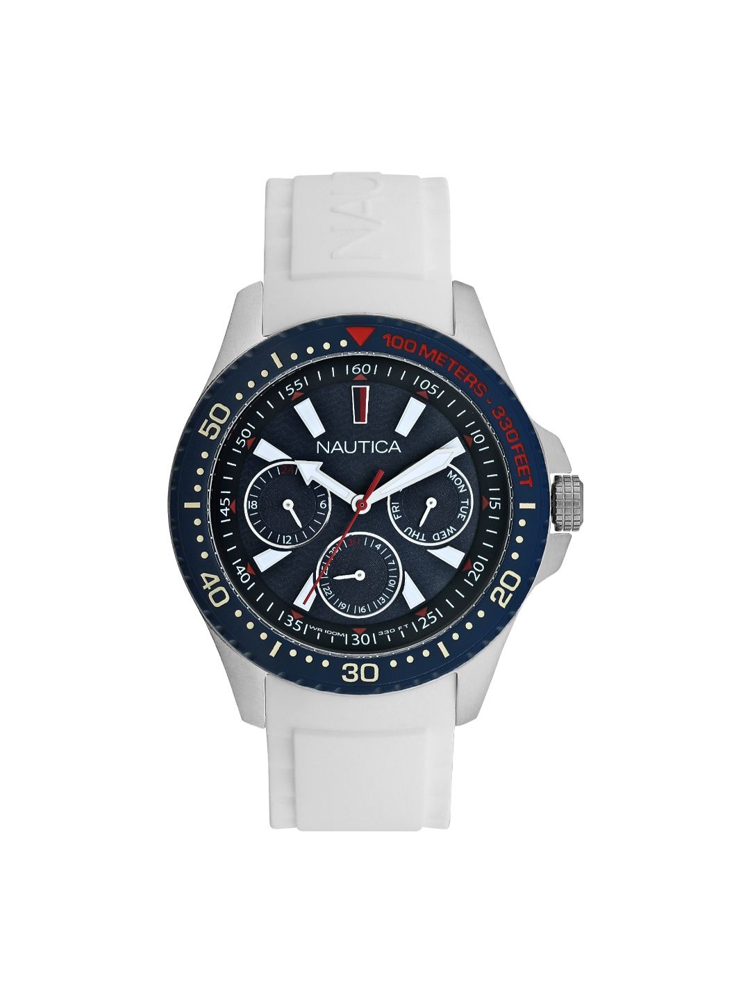 

Nautica Men Blue Brass Printed Dial & White Straps Analogue Watch