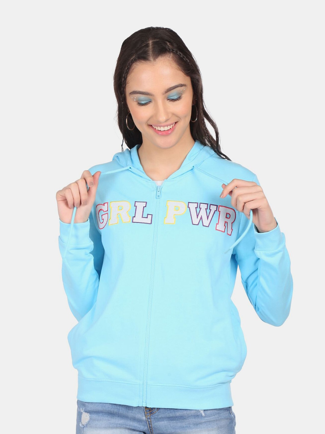 

Sugr Women Blue Printed Hooded Sweatshirt