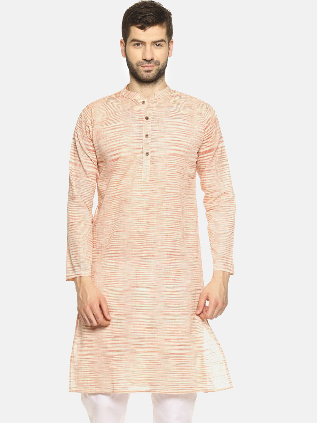 

PAROKSH Men Beige & Red Cotton Pastels Khadi Handloom Kurta