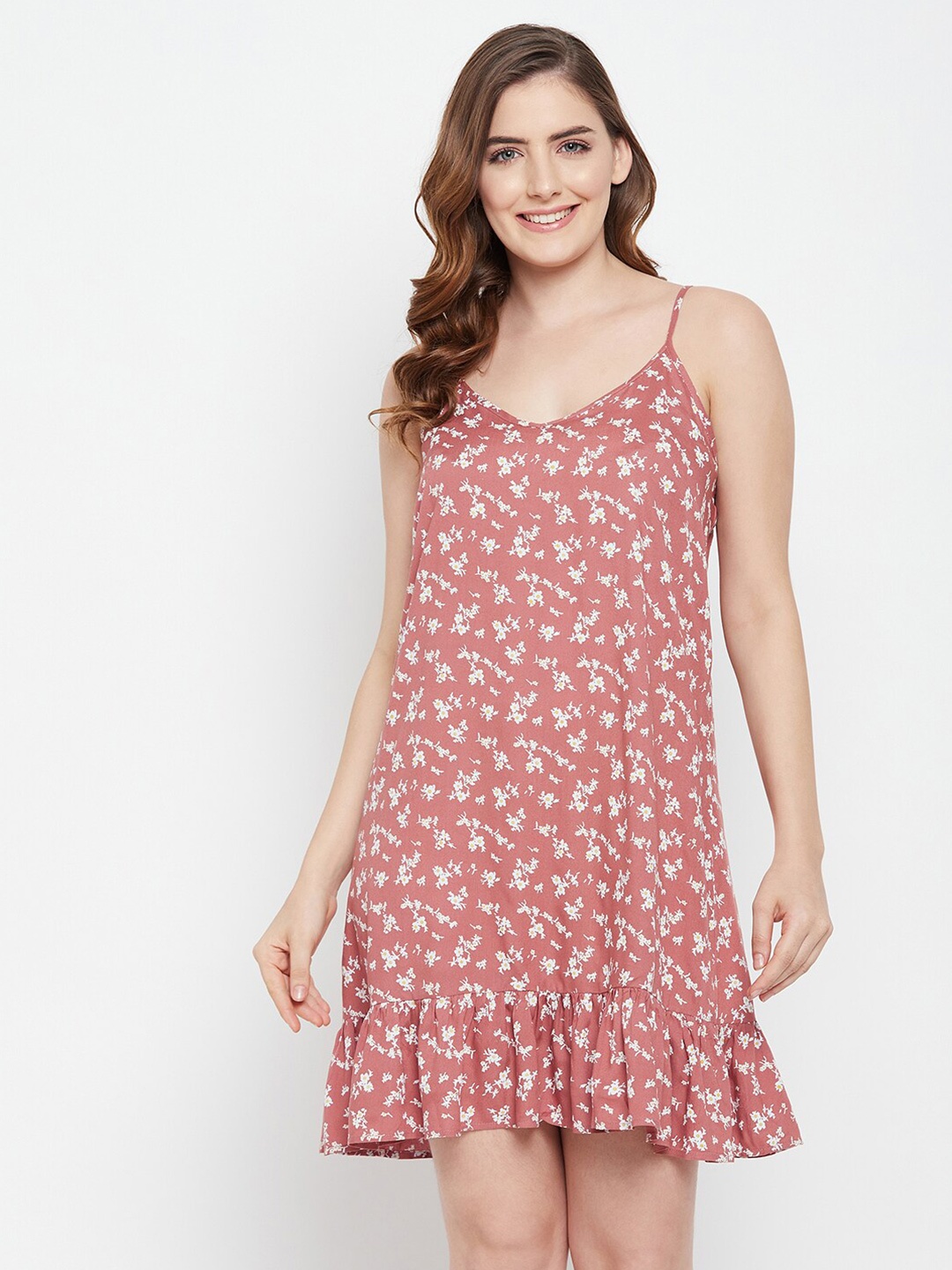 

Clovia Pretty Florals Short Rayon Printed Nightdress, Brown