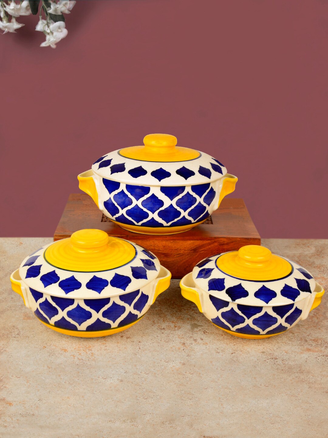 

StyleMyWay Set Of 3 Blue Hand Painted Large Ceramic Serving Donga Set with Lid and Handle